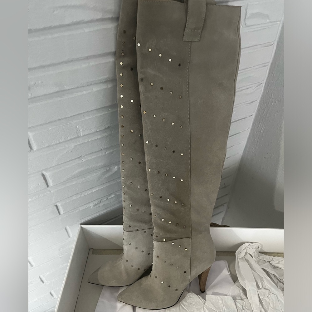 IRO Grey studded suede boots w/ wooden heel